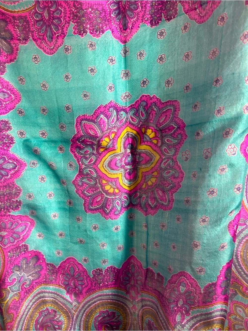 SILK INDIA MADE LARGE PURPLE/TEAL TURQUOISE PAISLEY WITH TASSEL FRINGE SCARF O/S